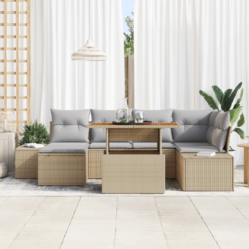 Casa si Gradina - Gradina si terasa - Mobilier exterior - Canapele si fotolii gradina - Set de Dining pentru Gradina de 7 Piese cu Perne Bej Ratan Poli Acacia - Infinity.ro