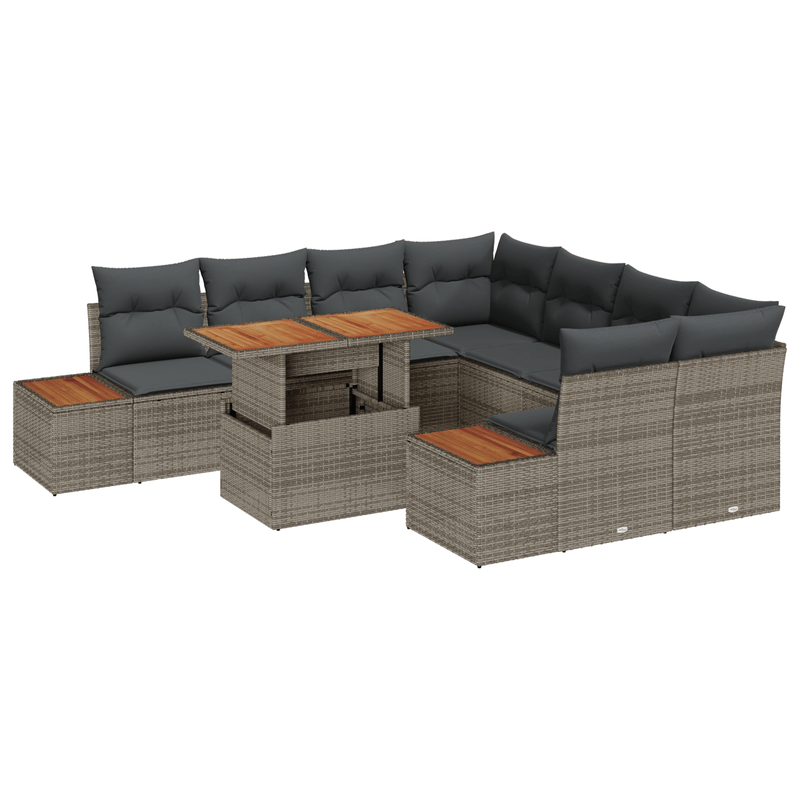 Casa si Gradina - Gradina si terasa - Mobilier exterior - Canapele si fotolii gradina - Set de dining pentru gradina 9 piese cu perne Gri din Ratan si Acacia - Infinity.ro