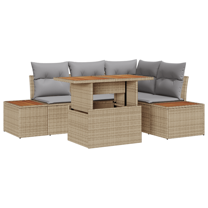 Casa si Gradina - Gradina si terasa - Mobilier exterior - Canapele si fotolii gradina - Set de dining pentru gradina 5 piese cu perne Bej Ratan Poly Acacia - Infinity.ro