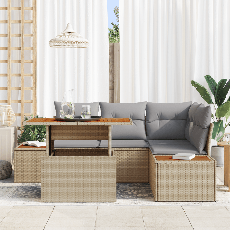 Casa si Gradina - Gradina si terasa - Mobilier exterior - Canapele si fotolii gradina - Set de dining pentru gradina 5 piese cu perne Bej Ratan Poly Acacia - Infinity.ro