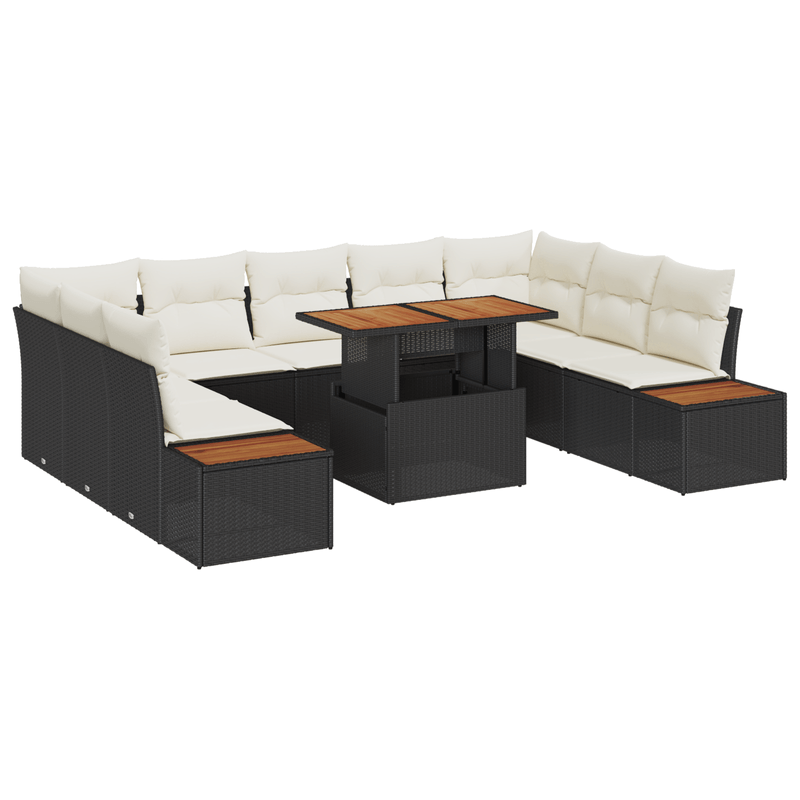 Casa si Gradina - Gradina si terasa - Mobilier exterior - Canapele si fotolii gradina - Set de Masa pentru Gradina de 10 Piese cu Perne Negru Poliratan Acacia - Infinity.ro
