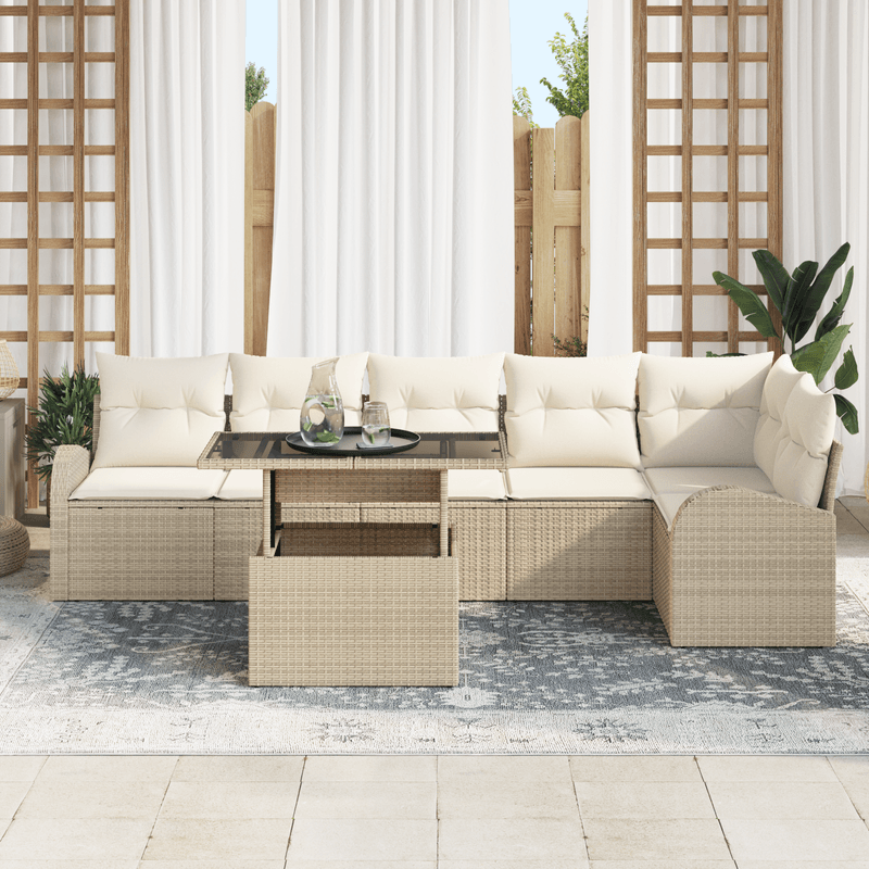 Casa si Gradina - Gradina si terasa - Mobilier exterior - Canapele si fotolii gradina - Set canapea gradina cu 7 piese si perne bej din ratan poliester - Infinity.ro