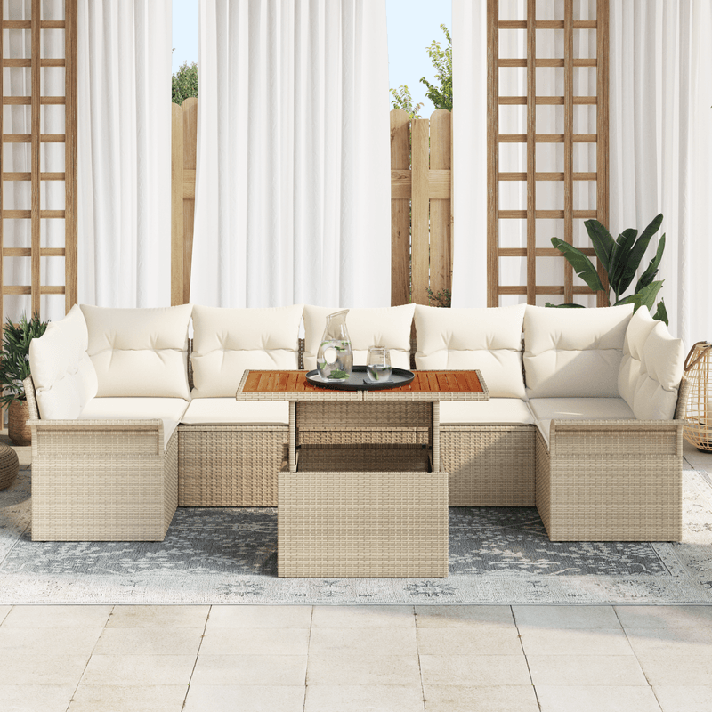 Casa si Gradina - Gradina si terasa - Mobilier exterior - Canapele si fotolii gradina - Set de canapea de gradina 8 piese cu perne Bej Ratan poli Acacia - Infinity.ro