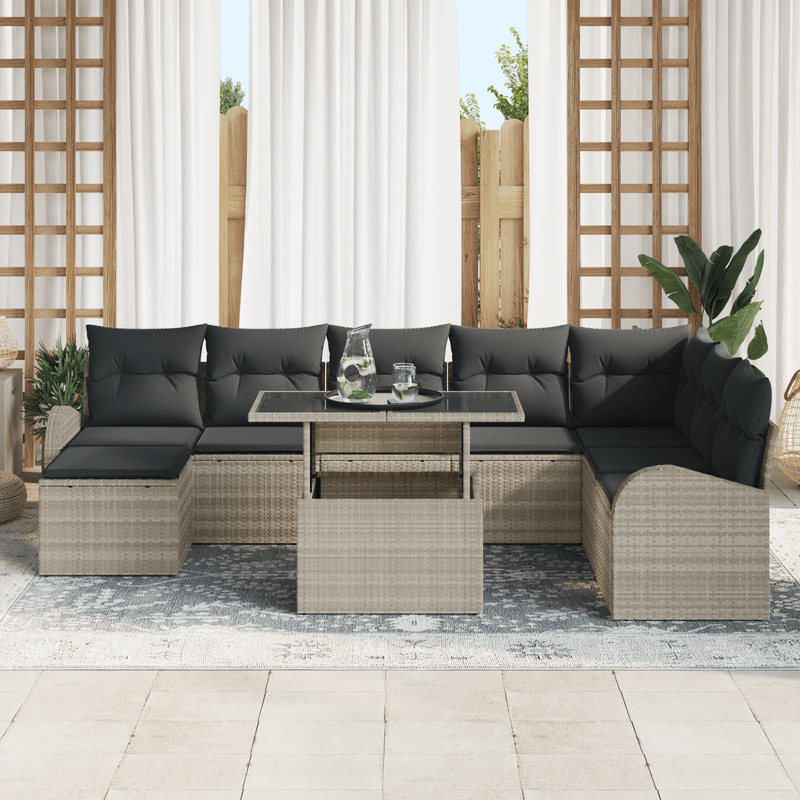 Casa si Gradina - Gradina si terasa - Mobilier exterior - Canapele si fotolii gradina - Set de Canapea de Gradina de 9 Piese cu Perne Bej Gri Ratan Poli - Infinity.ro