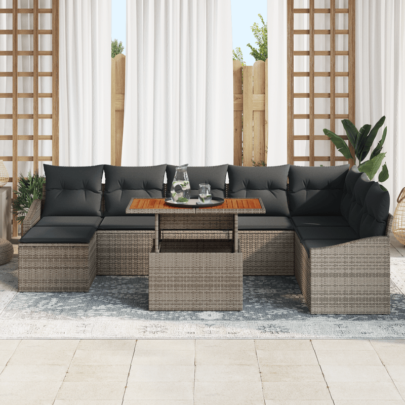 Casa si Gradina - Gradina si terasa - Mobilier exterior - Canapele si fotolii gradina - Set masa gradina 9 piese cu perne gri poli ratan acacia - Infinity.ro