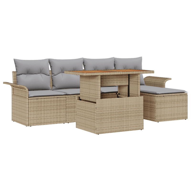 Casa si Gradina - Gradina si terasa - Mobilier exterior - Canapele si fotolii gradina - Set de Dining pentru Gradina de 6 Piese cu Perne Bej Poly Ratan Acacia - Infinity.ro