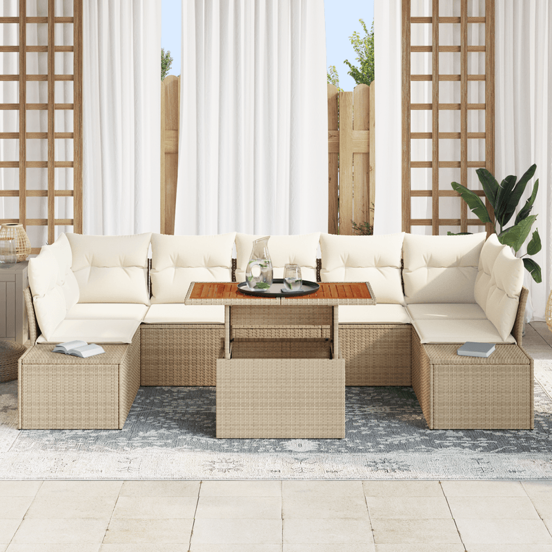 Casa si Gradina - Gradina si terasa - Mobilier exterior - Canapele si fotolii gradina - Set de dining pentru gradina , 8 piese cu perne, bej, ratan poli si acacia - Infinity.ro