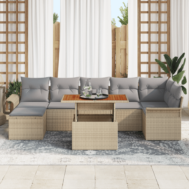 Casa si Gradina - Gradina si terasa - Mobilier exterior - Canapele si fotolii gradina - Set de dining pentru gradina de 8 piese cu perne Bej Ratan PE Acacia - Infinity.ro