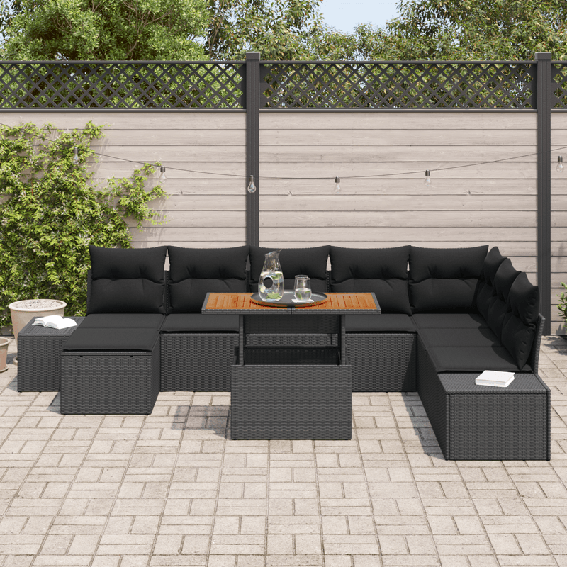 Casa si Gradina - Gradina si terasa - Mobilier exterior - Canapele si fotolii gradina - Set de dining pentru gradina 9 piese cu perne Negru Poliratan Acacia - Infinity.ro
