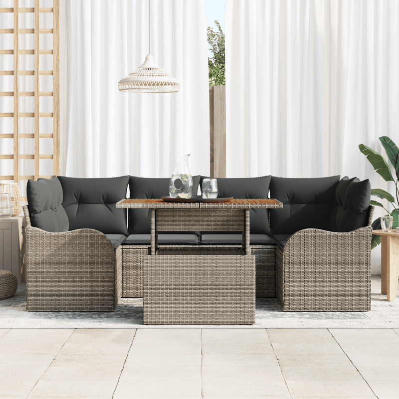 Casa si Gradina - Gradina si terasa - Mobilier exterior - Canapele si fotolii gradina - Set canapea gradina  cu 7 piese si perne Gri Ratan Poli Acacia - Infinity.ro