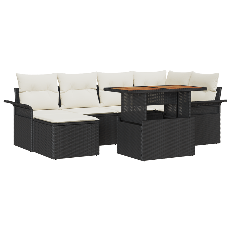 Casa si Gradina - Gradina si terasa - Mobilier exterior - Canapele si fotolii gradina - Set de Masa pentru Gradina cu 7 Piese si Perne Negru Poliratan Acacia - Infinity.ro