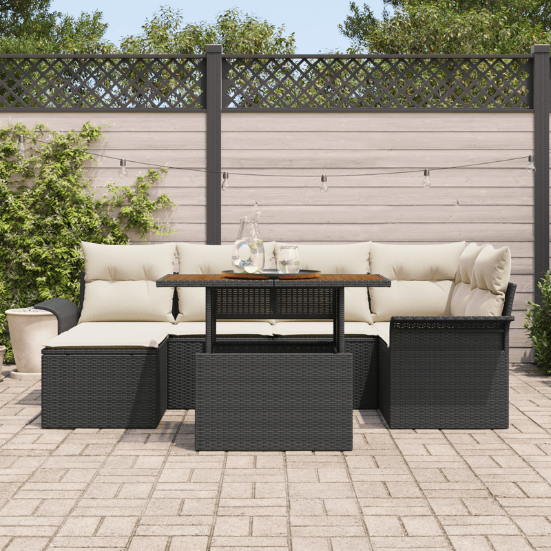 Casa si Gradina - Gradina si terasa - Mobilier exterior - Canapele si fotolii gradina - Set de Masa pentru Gradina cu 7 Piese si Perne Negru Poliratan Acacia - Infinity.ro