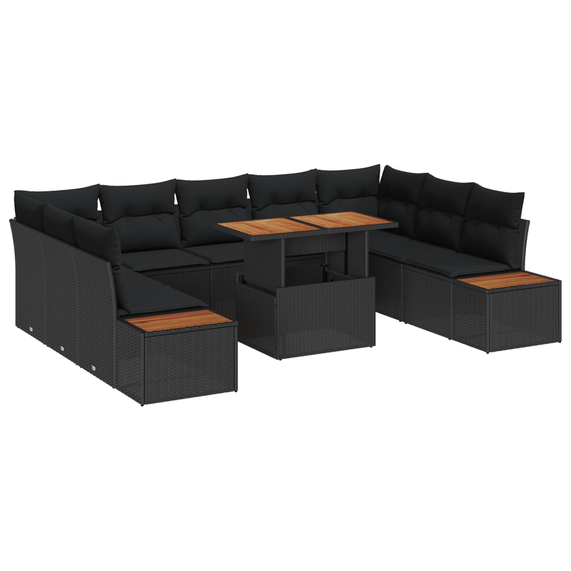 Casa si Gradina - Gradina si terasa - Mobilier exterior - Canapele si fotolii gradina - Set de mese pentru gradina cu 10 piese si perne Negru Ratan Poly Acacia - Infinity.ro