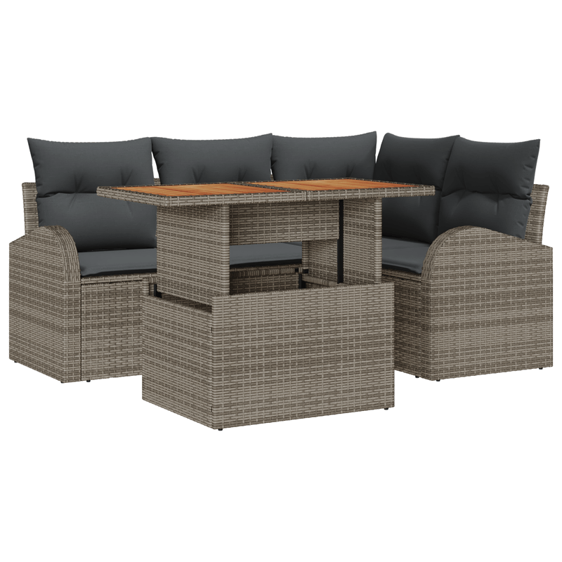 Casa si Gradina - Gradina si terasa - Mobilier exterior - Canapele si fotolii gradina - Set de dining pentru gradina , 5 piese cu perne, gri, ratan poli, acacia - Infinity.ro