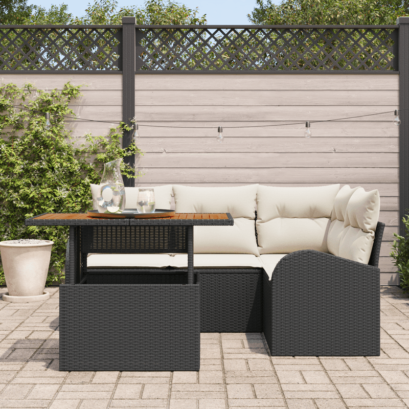 Casa si Gradina - Gradina si terasa - Mobilier exterior - Canapele si fotolii gradina - Set de Dining pentru Gradina cu Perne Negra Poliratan Acacia - Infinity.ro