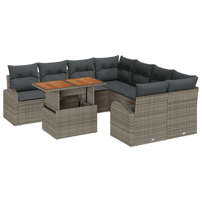 Casa si Gradina - Gradina si terasa - Mobilier exterior - Canapele si fotolii gradina - Set de Masa in Gradina cu 9 Piese cu Pernite Gri Ratan Polimer Acacia - Infinity.ro