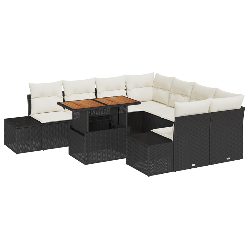 Casa si Gradina - Gradina si terasa - Mobilier exterior - Canapele si fotolii gradina - Set de dining pentru gradina de 9 piese cu perne, ratan negru si acacia - Infinity.ro