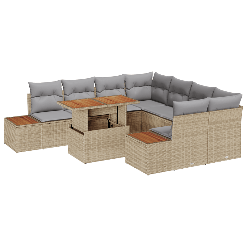 Casa si Gradina - Gradina si terasa - Mobilier exterior - Canapele si fotolii gradina - Set de dining pentru gradina , 9 piese, cu perne, bej, ratan poli si acacia - Infinity.ro