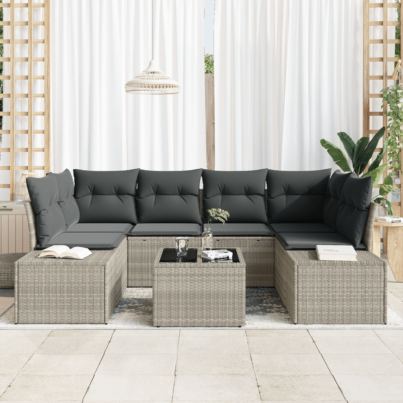 Casa si Gradina - Gradina si terasa - Mobilier exterior - Canapele si fotolii gradina - Set Canapea Gradina 7 Piese si Perne Gri Deschis din Ratan Poli - Infinity.ro
