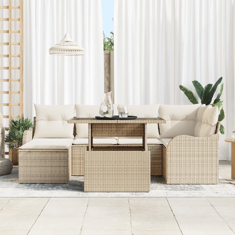 Casa si Gradina - Gradina si terasa - Mobilier exterior - Canapele si fotolii gradina - Set de canapea de gradina  cu 7 piese si perne din ratan poli bej - Infinity.ro