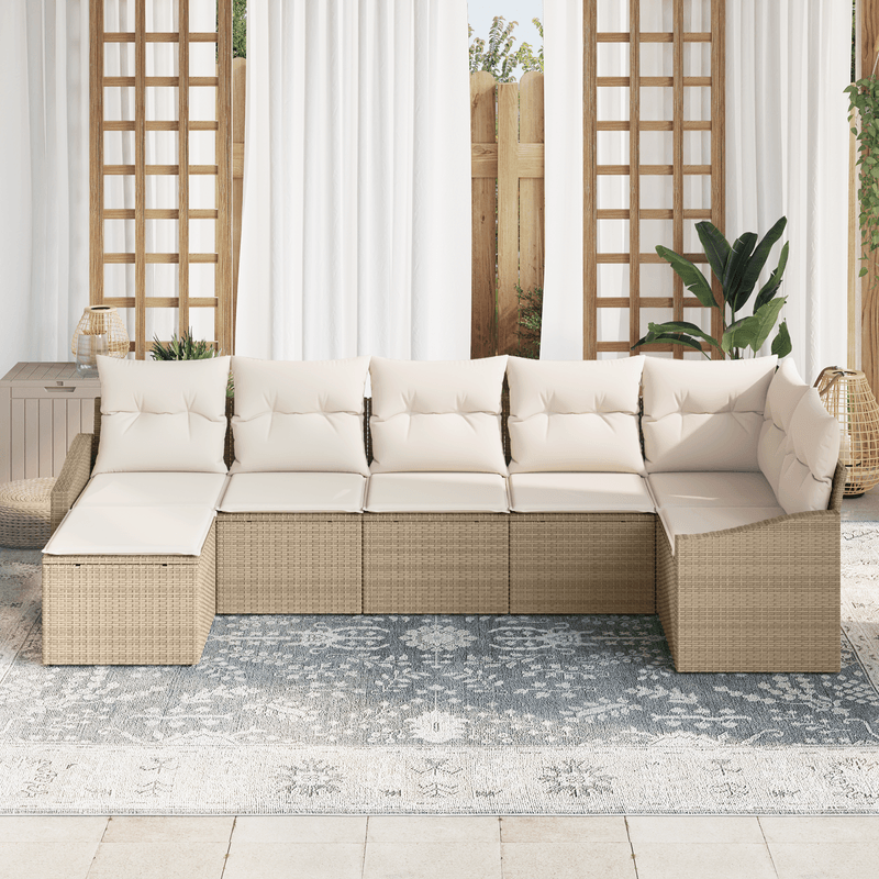 Casa si Gradina - Gradina si terasa - Mobilier exterior - Canapele si fotolii gradina - Set de mese de gradina cu 7 piese cu perne Bej Ratan Poli - Infinity.ro
