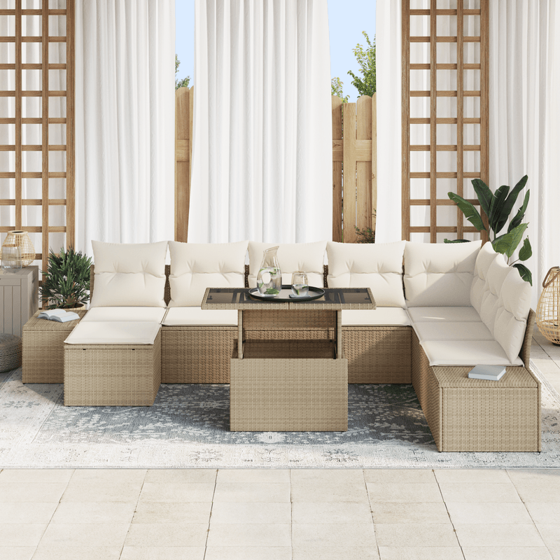 Casa si Gradina - Gradina si terasa - Mobilier exterior - Canapele si fotolii gradina - Set de canapea pentru gradina , 9 piese, cu perne, Bej, poliratan - Infinity.ro