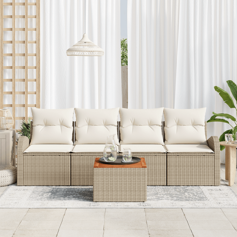 Casa si Gradina - Gradina si terasa - Mobilier exterior - Canapele si fotolii gradina - Set de Canapea pentru Gradina din 5 Piese cu Perne Bej Ratan Poly Acacia - Infinity.ro