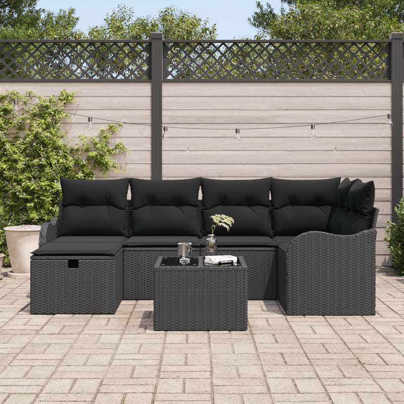 Casa si Gradina - Gradina si terasa - Mobilier exterior - Canapele si fotolii gradina - Set de Canapea de Gradina  cu 7 Piese cu Pernite Negru Ratan Poly - Infinity.ro