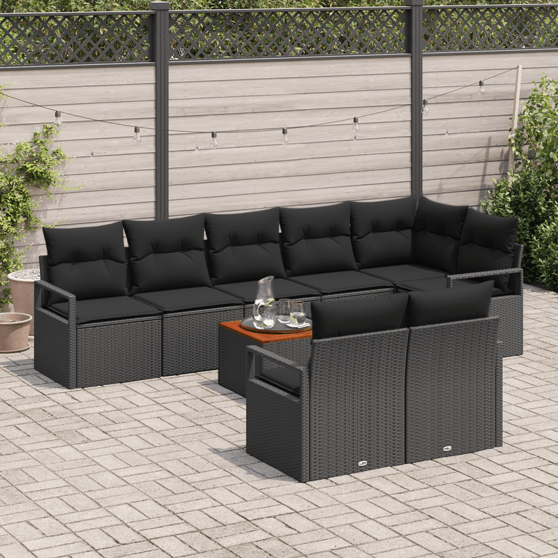 Casa si Gradina - Gradina si terasa - Mobilier exterior - Canapele si fotolii gradina - Set de canapea de gradina  9 piese cu perne si rattan polimer negru acacia - Infinity.ro
