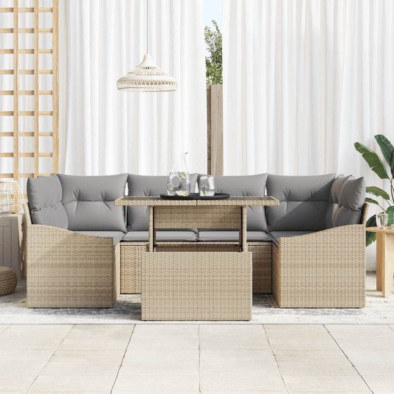 Casa si Gradina - Gradina si terasa - Mobilier exterior - Canapele si fotolii gradina - Set de canapea de gradina 7 piese cu perne Bej din Poliratan - Infinity.ro