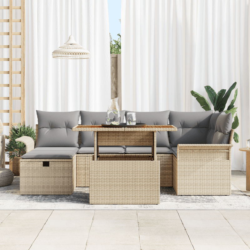 Casa si Gradina - Gradina si terasa - Mobilier exterior - Canapele si fotolii gradina - Set Canapea Gradina 7 Piese si Perne Bej Ratan Poli - Infinity.ro