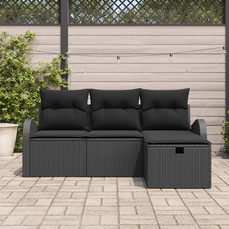 Casa si Gradina - Gradina si terasa - Mobilier exterior - Canapele si fotolii gradina - Set de Canapea de Gradina cu Pernite Negru din Poli Ratan - 4 Piese - Infinity.ro