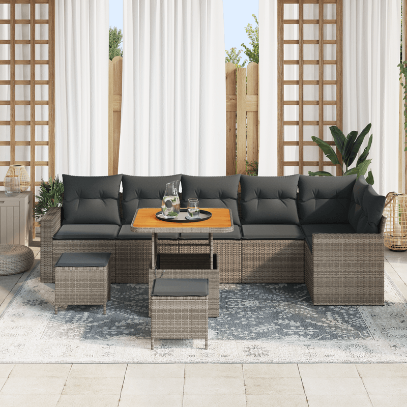 Casa si Gradina - Gradina si terasa - Mobilier exterior - Canapele si fotolii gradina - Set de canapea gradina cu 9 piese, perne gri din ratan poli Acacia - Infinity.ro