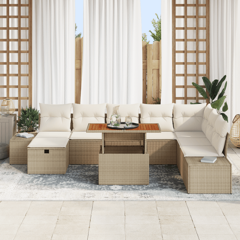 Casa si Gradina - Gradina si terasa - Mobilier exterior - Canapele si fotolii gradina - Set de Dining pentru Gradina cu Perne pentru Gradina Bej din Poliratan Acacia - Infinity.ro