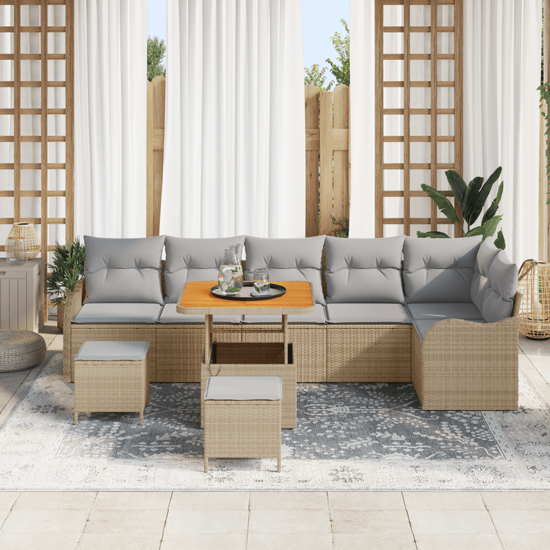 Casa si Gradina - Gradina si terasa - Mobilier exterior - Canapele si fotolii gradina - Set canapea de gradina  9 piese cu perne bej din poliratan si acacia - Infinity.ro