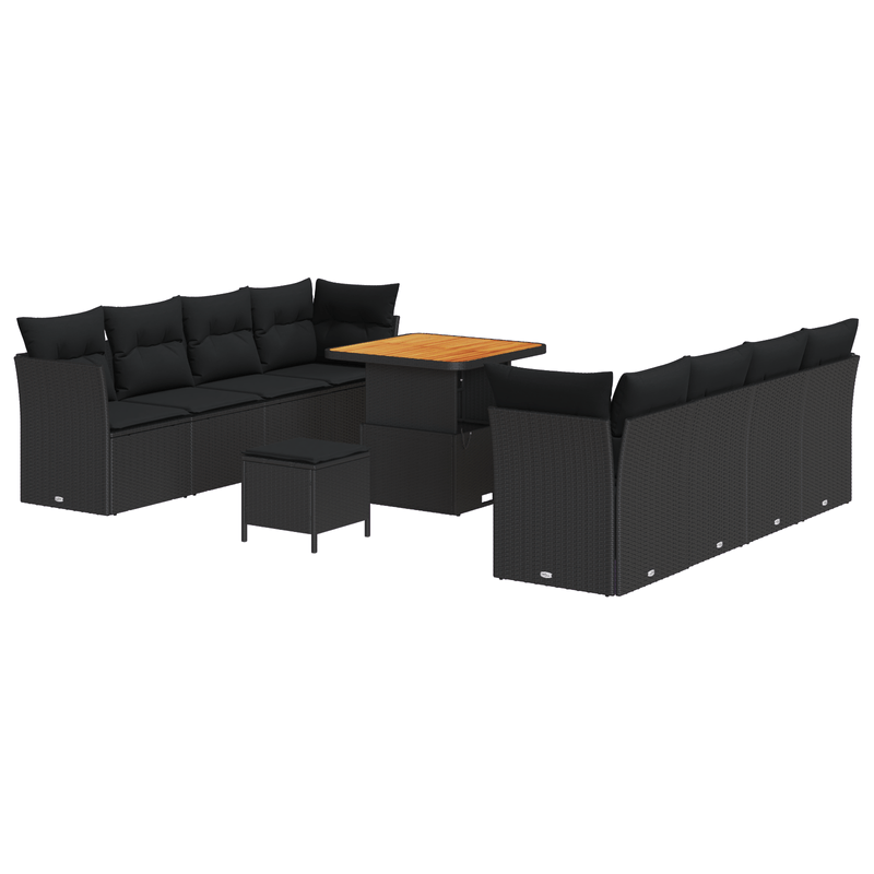 Casa si Gradina - Gradina si terasa - Mobilier exterior - Canapele si fotolii gradina - Set de canapea de gradina 11 piese cu pernute, Negru, Poliratan, Acacia - Infinity.ro