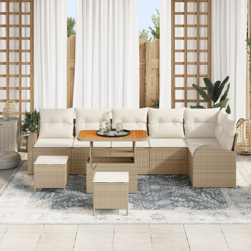 Casa si Gradina - Gradina si terasa - Mobilier exterior - Canapele si fotolii gradina - Set de 9 piese de sofa de gradina cu perne bej din ratan poliesteric si acacia - Infinity.ro