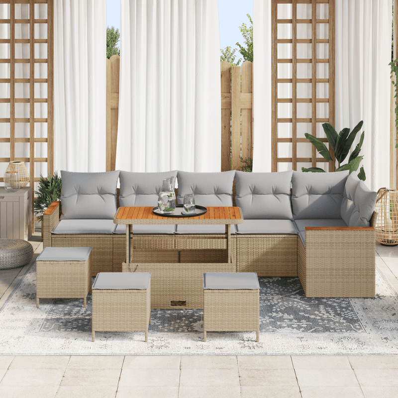 Casa si Gradina - Gradina si terasa - Mobilier exterior - Canapele si fotolii gradina - Set canapele de gradina  10 piese cu perne Bej Poli ratan Acacia - Infinity.ro