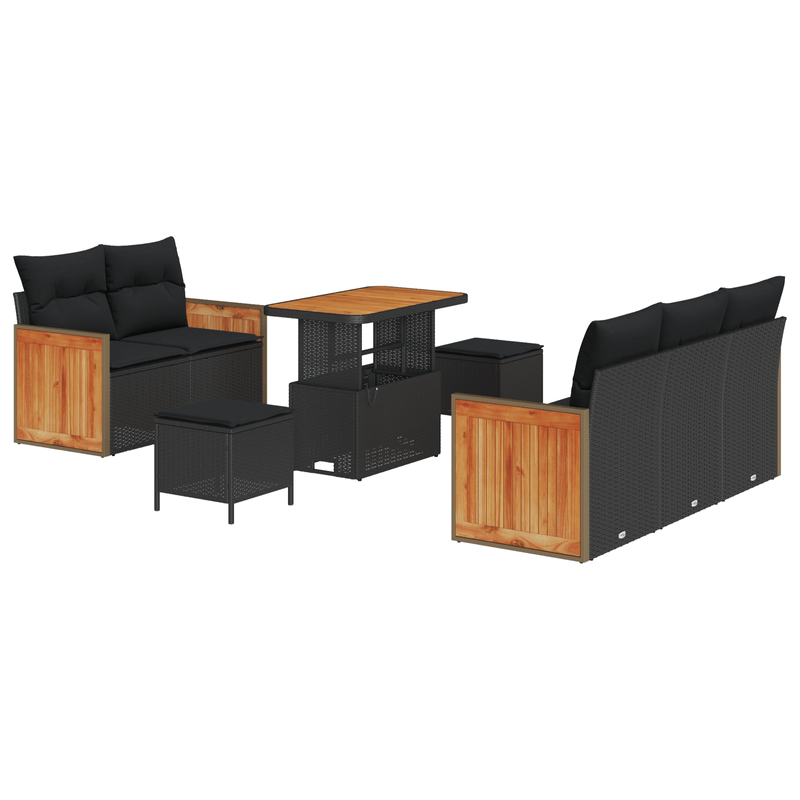 Casa si Gradina - Gradina si terasa - Mobilier exterior - Canapele si fotolii gradina - Set canapea gradina  cu 8 piese si perne negre din poli ratan si acacia - Infinity.ro