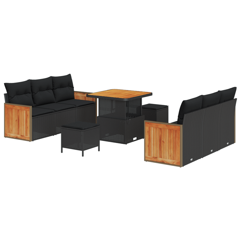 Casa si Gradina - Gradina si terasa - Mobilier exterior - Canapele si fotolii gradina - Set de 9 piese de sofa de gradina  cu perne Negre Ratan Polimeric Acacia - Infinity.ro