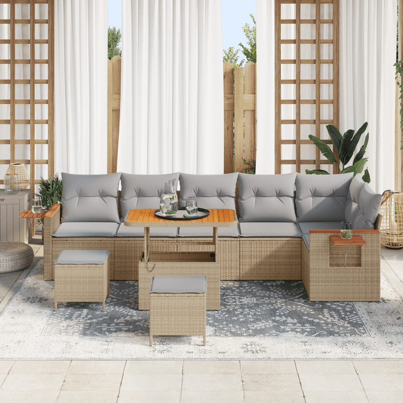 Casa si Gradina - Gradina si terasa - Mobilier exterior - Canapele si fotolii gradina - Set de 9 Piese de Canapea de Gradina cu Pernute Bej Ratan Sintetic Acacia - Infinity.ro