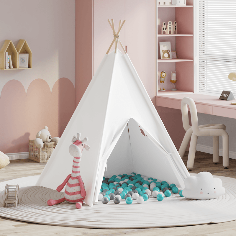 Jucarii, Copii si Bebe - Jucarii si jocuri - Jucarii de exterior - Spatii de joaca si accesorii - Cort tip teepee pentru copii cu geanta piersica si bile de joaca alb - Infinity.ro