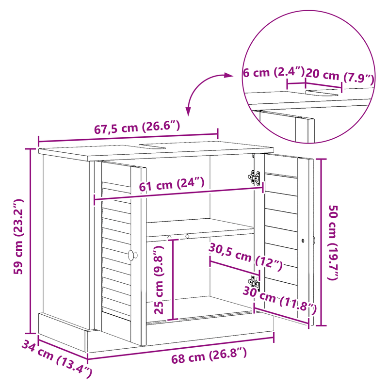 Casa si Gradina - Mobilier - Comode si corpuri - Masute de toaleta - Cabinet de chiuveta "VIGO" cu usi 67.5x34x59 cm Lemn masiv de pin - Infinity.ro