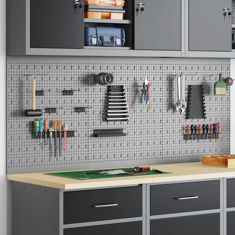 Casa si Gradina - Constructii - Depozitare, transport si protectie - Organizatoare si cutii scule - Placi de Agatat - Pachet de 3 cu 15 accesorii, Gri, 50x60 cm, Otel - Infinity.ro