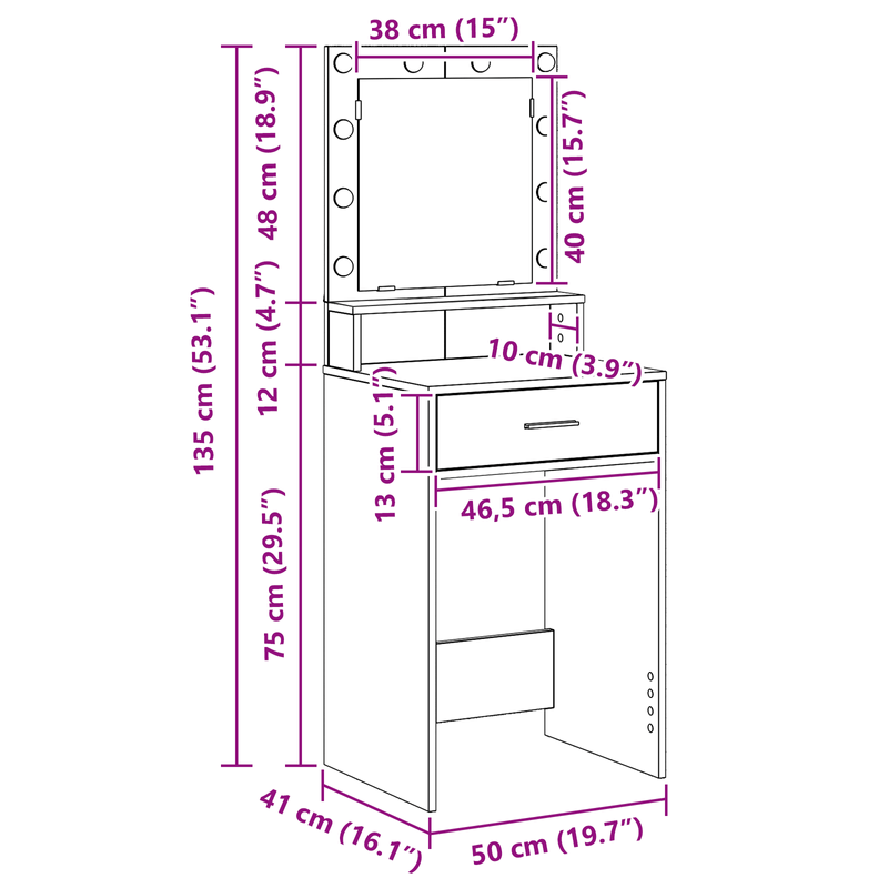 Casa si Gradina - Mobilier - Comode si corpuri - Masute de toaleta - Masa de cosmetica cu lumini LED, stejar sonoma, 50x41x135 cm - Infinity.ro