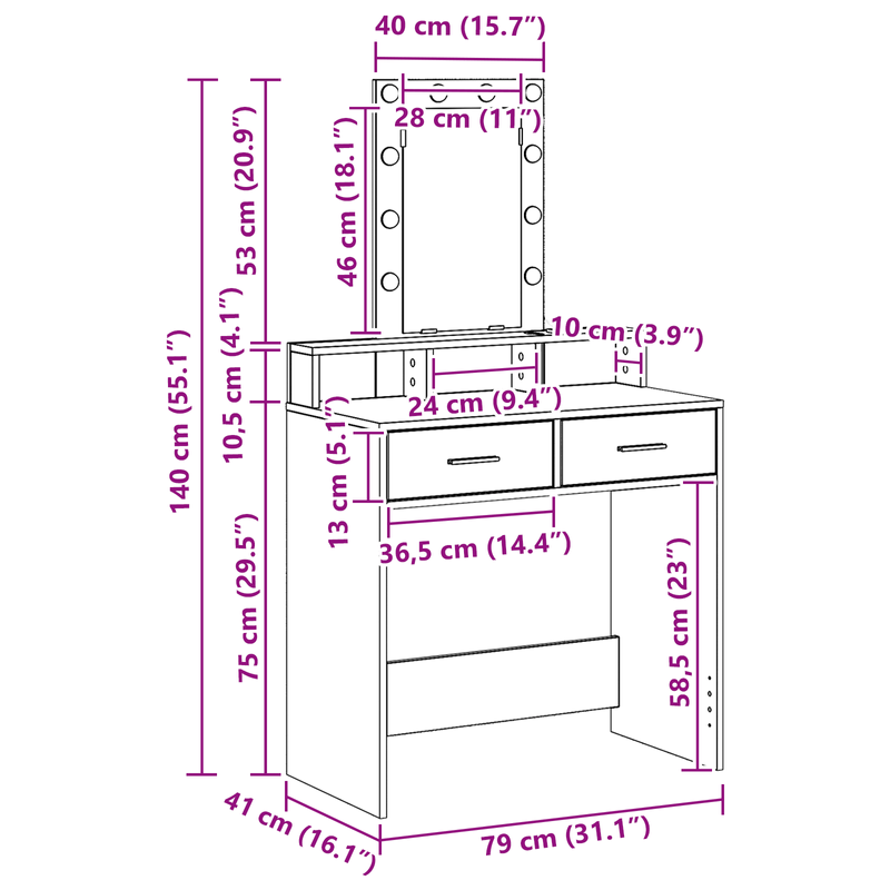 Casa si Gradina - Mobilier - Comode si corpuri - Masute de toaleta - Masa de cosmetica cu LED, stejar maro, 79x41x140 cm - Infinity.ro