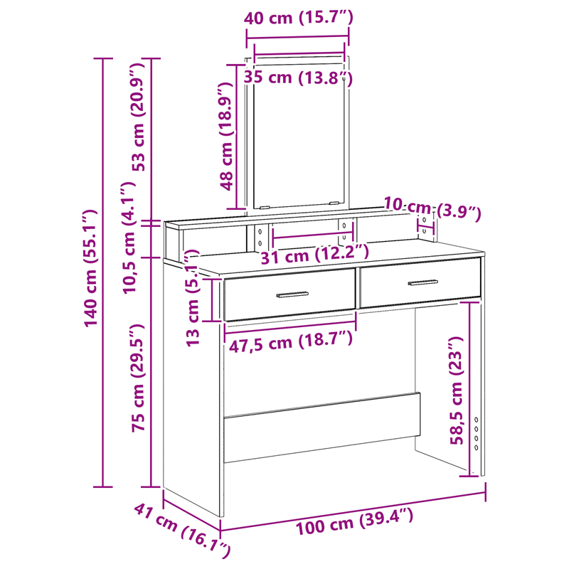 Casa si Gradina - Mobilier - Comode si corpuri - Masute de toaleta - Masa de toaleta cu sertare, stejar fumuriu, 100x41x140 cm - Infinity.ro