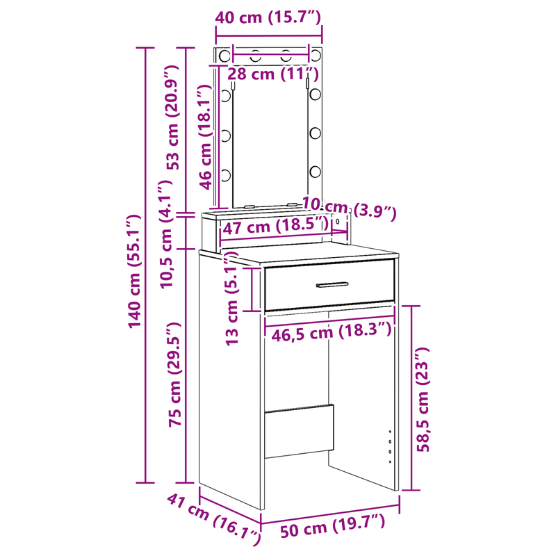 Casa si Gradina - Mobilier - Comode si corpuri - Masute de toaleta - Masa de toaleta cu LED, stejar artizanal, 50x41x140 cm - Infinity.ro