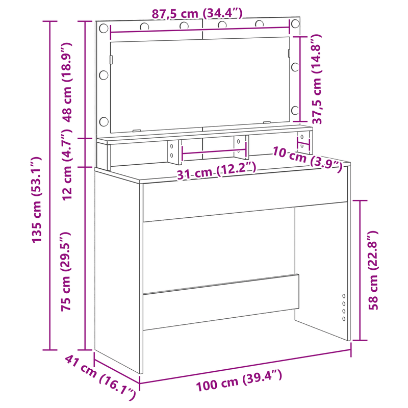 Casa si Gradina - Mobilier - Comode si corpuri - Masute de toaleta - Masa de toaleta cu lumini LED, stejar sonoma, 100x41x135 cm - Infinity.ro