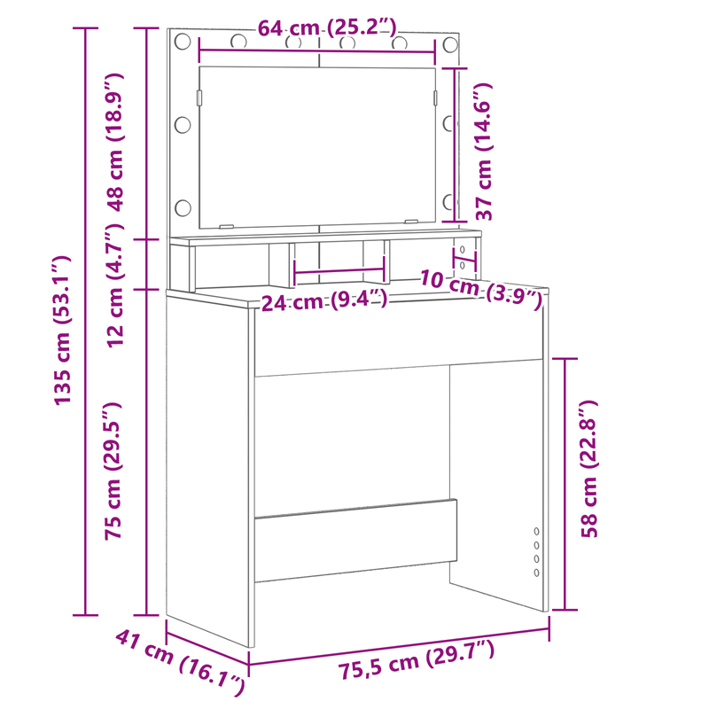 Casa si Gradina - Mobilier - Comode si corpuri - Masute de toaleta - Masa de toaleta cu lumini LED, stejar artizanal, 79x41x135 cm - Infinity.ro